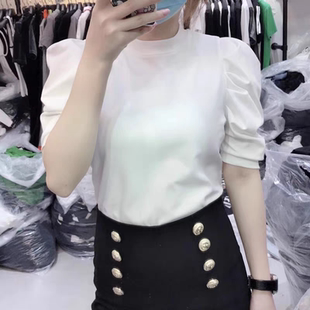 打底衫 百搭女上衣修身 夏季 白色圆领泡泡袖 显瘦潮棉质 短袖 T恤大码