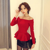 2022春夏荷叶边一字领长袖 T恤 显瘦上衣鱼尾修身 打底衫 露肩大码