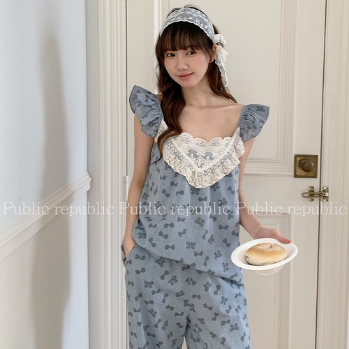 Public republic韩国睡衣女甜美少女可爱蝴蝶结吊带长裤家居套装