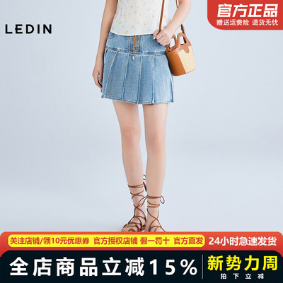 【商场同款】乐町绑带牛仔百褶裙夏新款学院风休闲短裙C1HEF2212