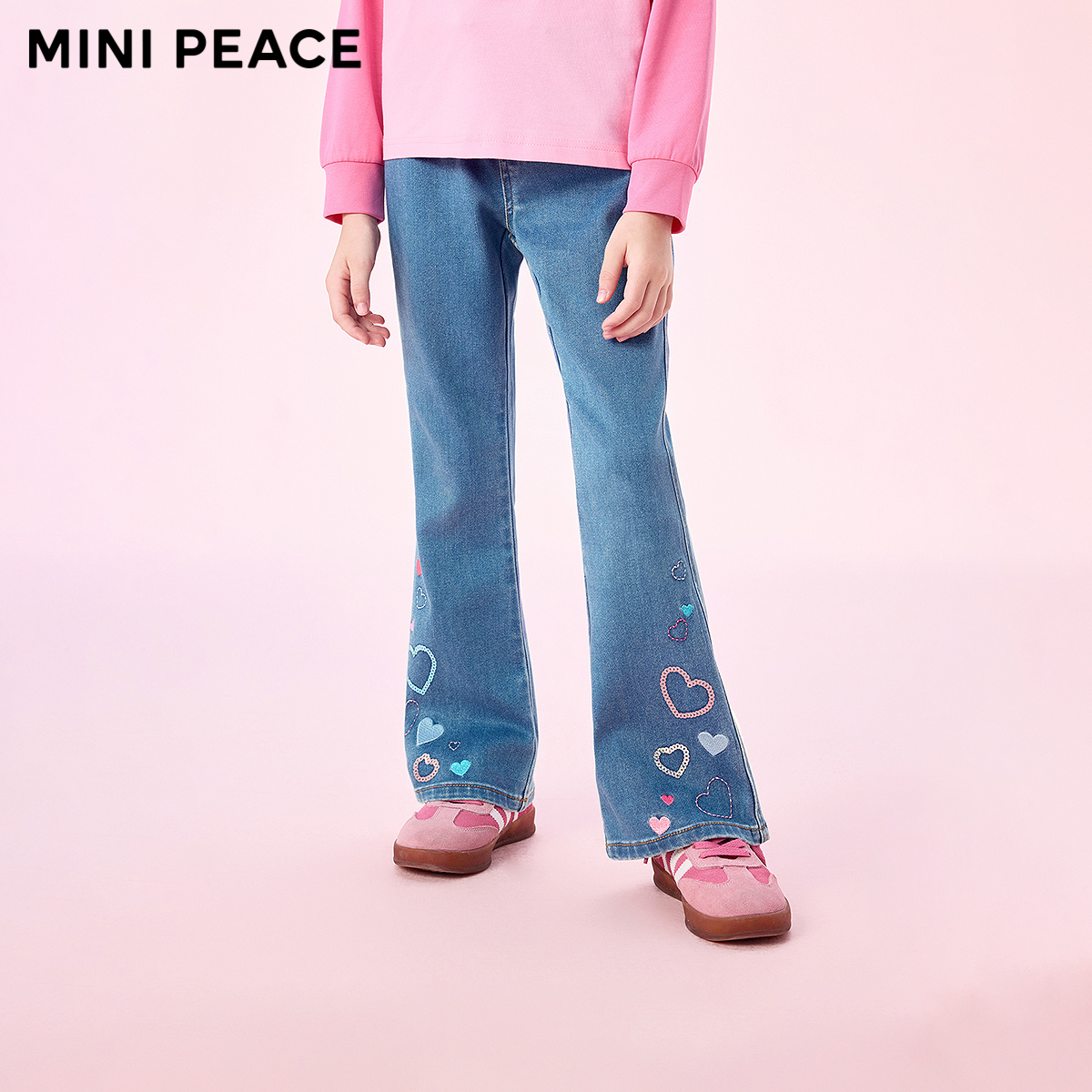 MINIPEACE太平鸟童装女童牛仔喇叭裤秋季新款亮片爱心儿童长裤