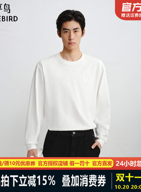 【商场同款】太平鸟男装 胸前刺绣圆领套头白色长袖T恤B1CPG1229