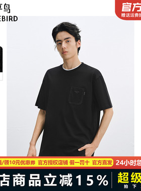 太平鸟男装 短袖体恤男夏季黑色胸前口袋设计宽松圆领短袖T恤