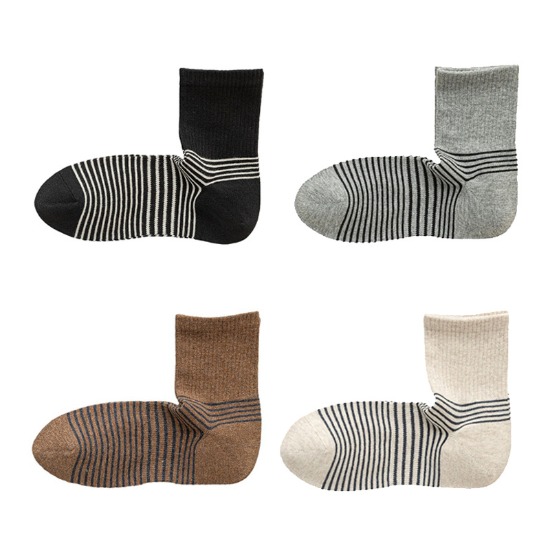 日式直角长袜条纹精梳棉抗菌男士保暖无骨袜纯棉中筒袜子秋冬厚款