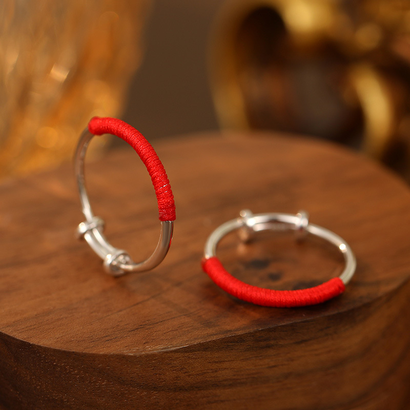 s999银古法红绳编织推拉情侣戒指感小众男女款对戒礼物