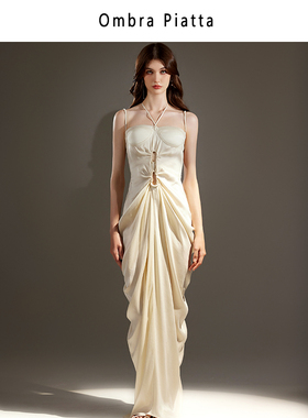 Ombra Piatta小众度假风铜氨丝露背吊带春夏设计感独特别致连衣裙