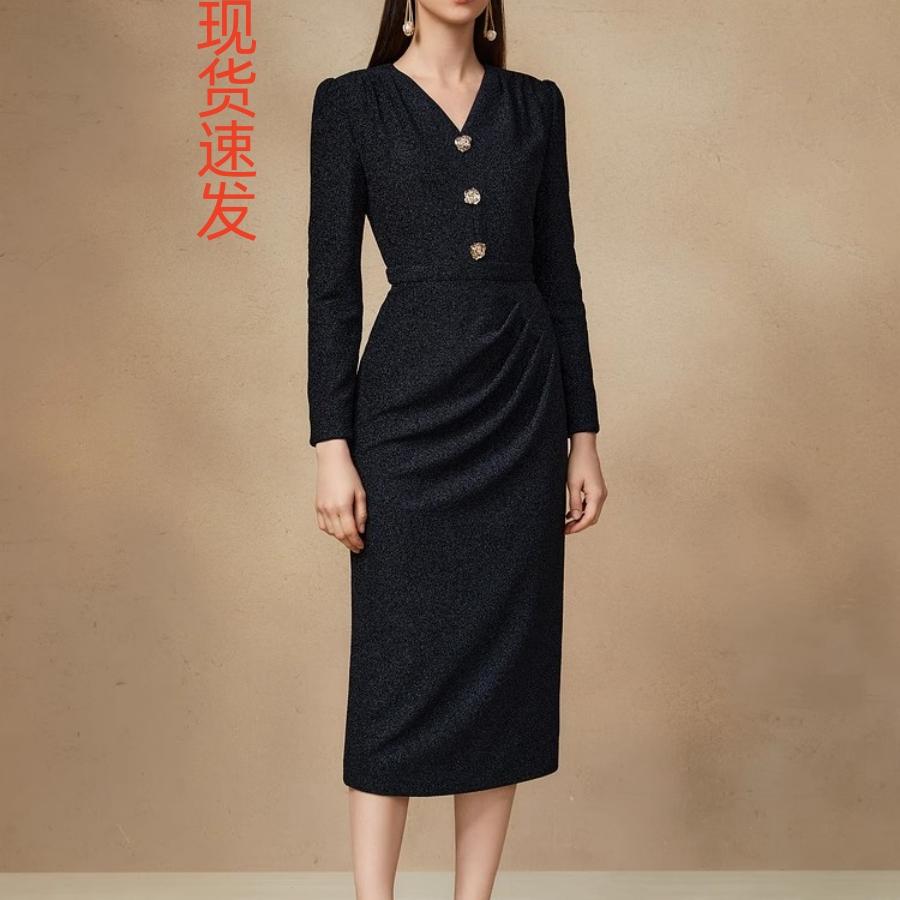 优雅一步裙连衣裙金色玫瑰饰扣