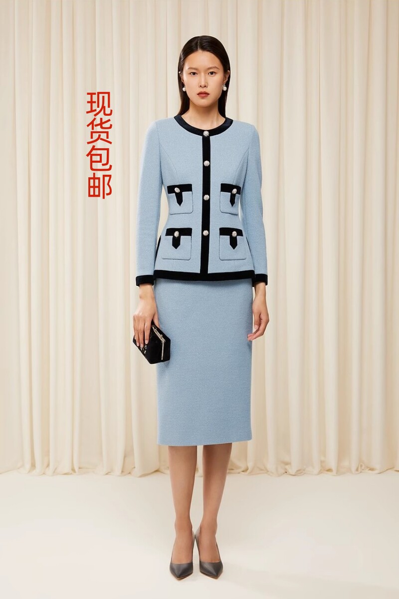 2023年秋冬季新款石灰蓝羊毛混纺粗呢气质假两件连衣裙5C63305560