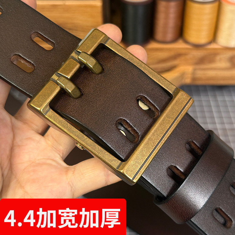 4.4加宽加厚头层牛皮男士皮带真皮纯铜针扣工装裤手工牛皮腰带男