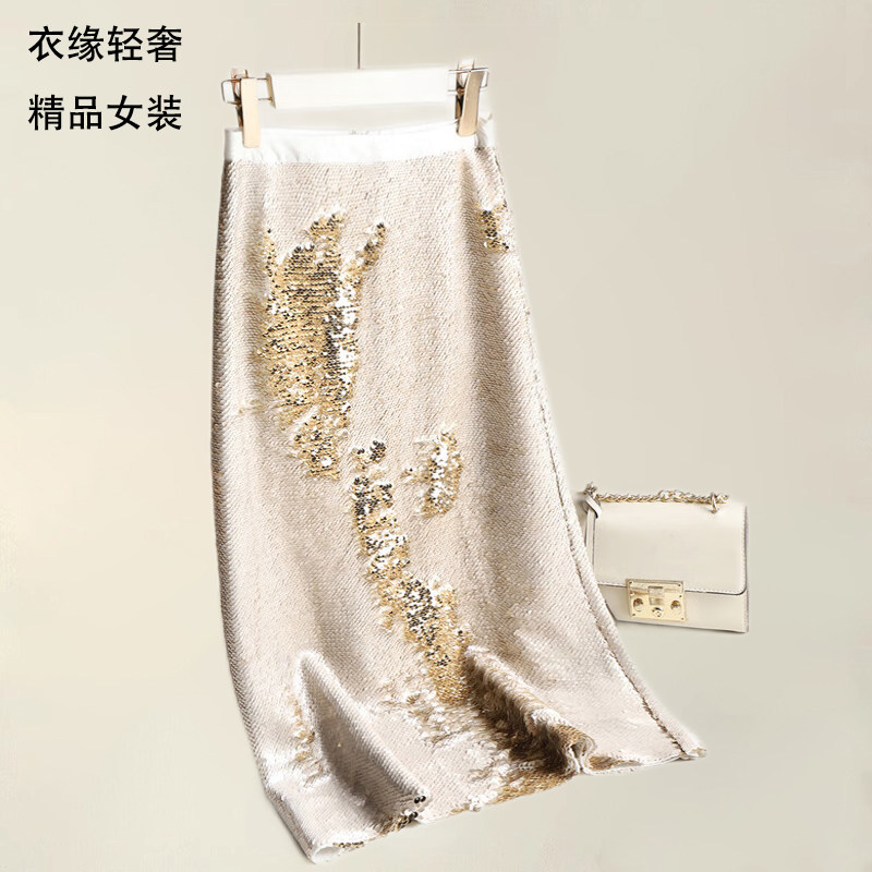 奢闪 重工钉珠亮片金色高腰包臀半身裙直筒开叉一步裙中长款Q0015