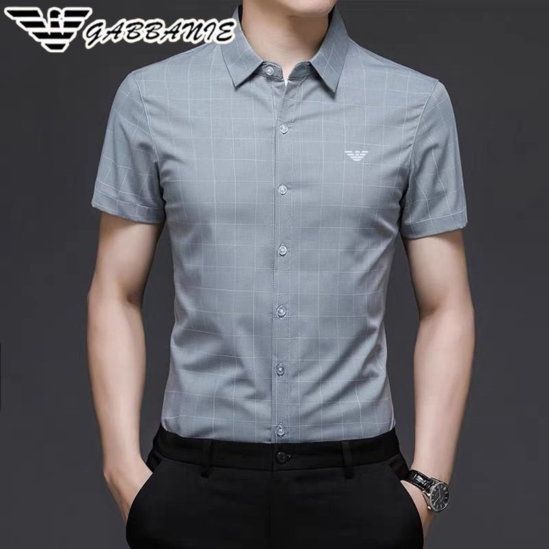 正品意大利中年男士短袖衬衫夏季薄款休闲格子寸衣冰丝翻领衬衣男