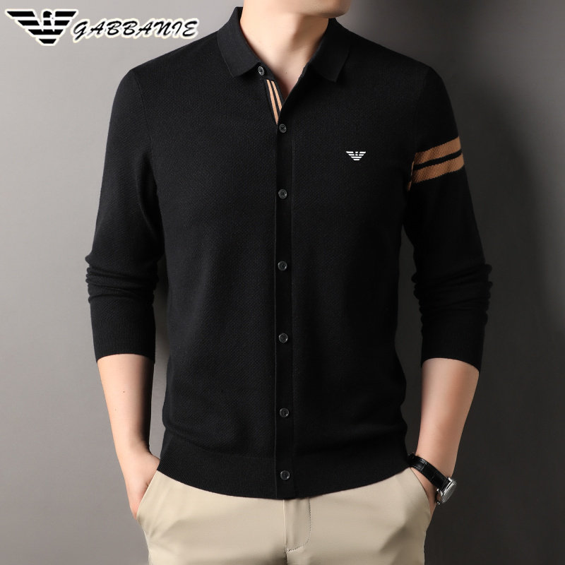 正品意大利春秋季羊毛针织开衫中年男士薄款翻领大码毛衣打底衫