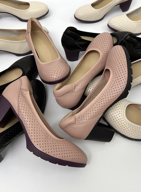 柜雅氏女鞋柔软舒适高跟鞋真皮浅口软面软底瓢鞋春夏镂空粗跟单鞋