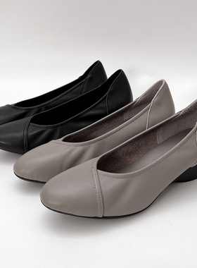 柜雅氏女鞋真皮单鞋坡跟柔软舒适浅口工作鞋宽楦软皮软底粗跟皮鞋