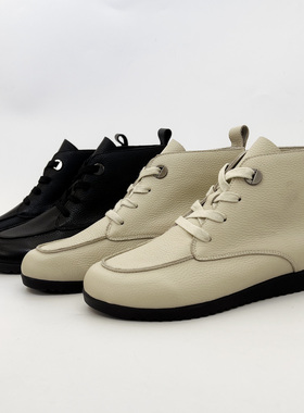 柜雅氏女靴柔软舒适真皮短靴系带新款软皮软底牛皮宽楦平底马丁靴