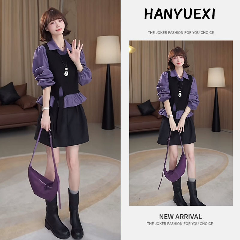 2025新款小个子早秋穿搭套装紫色衬衣外搭绑带马甲半身裙三件套