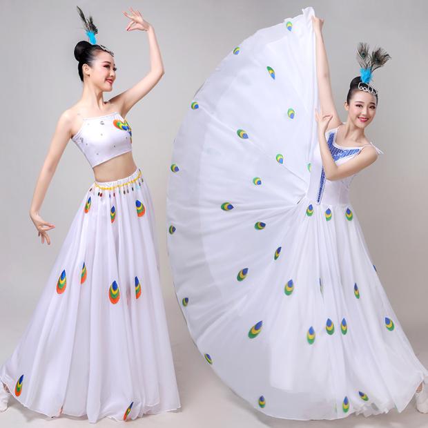 原創(chuàng)新款孔雀舞大擺成人表演服女雀之靈紗白色傣族分體亮片孔雀舞