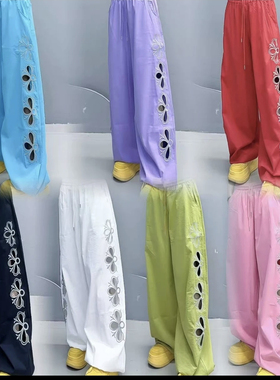 夏季新款刺绣镂空弯刀裤休闲裤沙洗棉抽绳时尚百搭团队跳舞服CXD