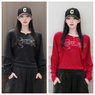 广场舞烫钻亮片时尚蝙蝠长袖棉跳舞休闲百搭跳操健身上衣TZM