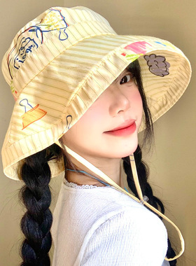 甜妹少女涂鸦条纹渔夫帽女大帽檐遮阳防晒帽防紫外线大头太阳帽子