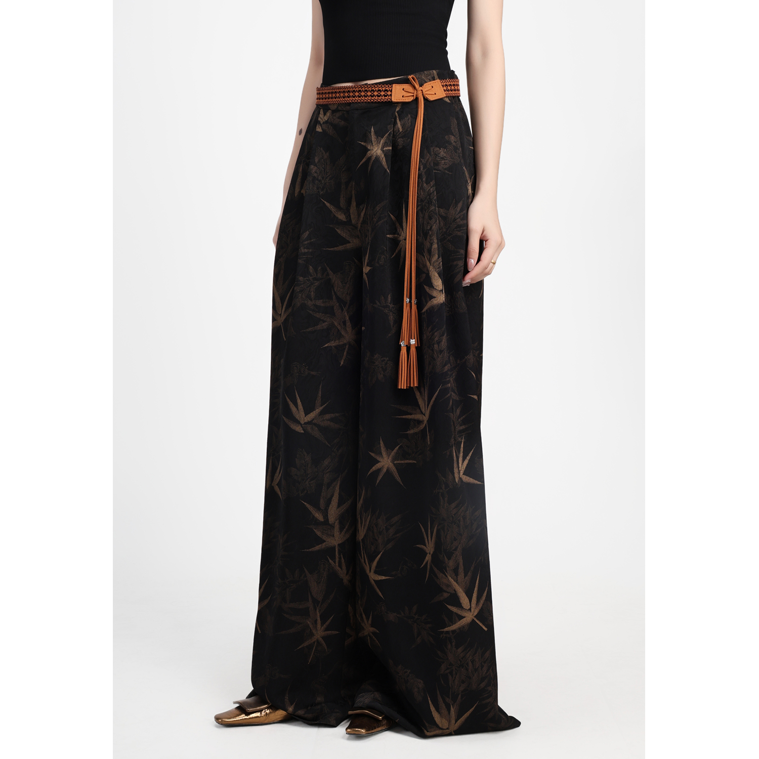 JINYU矜羽【惊羡】怀余系列 黑色竹纹裤子休闲直筒裤 新中式女装