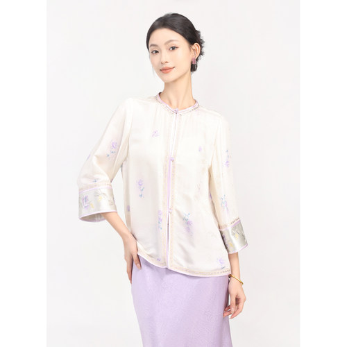 JINYU矜羽（紫霞）新中式桑蚕丝上衣女暗纹提花云朵感春夏薄款
