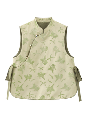 JINYU矜羽【青岚】清新感新中式漳缎马甲女立领盘扣宽松坎肩上衣