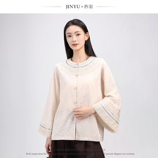 JINYU矜羽【素影】米白色蕾丝边外套 新中式上衣女