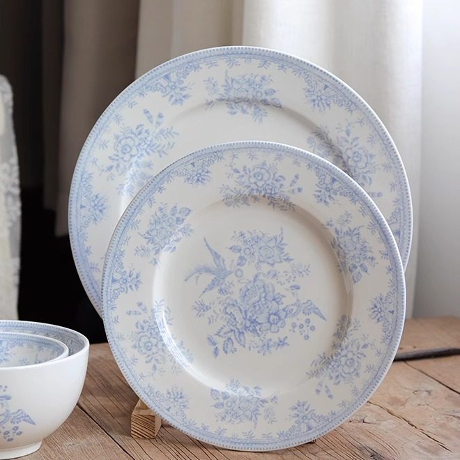 复古蓝系牡丹花釉下彩餐盘高温陶瓷甜品盘 西餐盘水果盘 家用菜盘