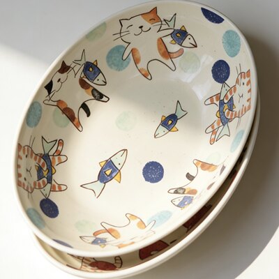 手作可爱猫咪喵星人茶盘手绘釉下彩餐具深盘圆形日式可爱作家器