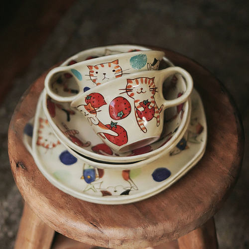 手绘猫猫窑创意陶瓷马克杯可爱猫咪啡杯高颜值办公室大容量水杯子