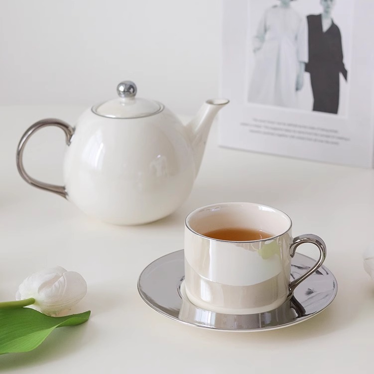 出口英国INS珍珠釉银色描边陶瓷咖啡杯碟茶壶套装 少女心珠光茶具