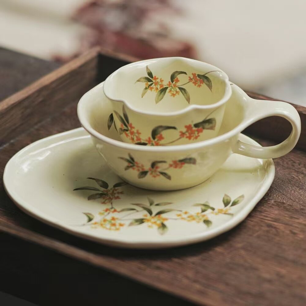 旷野集景德镇咖啡杯女陶瓷杯碟套装花口拿铁杯精致高颜值拉花杯子