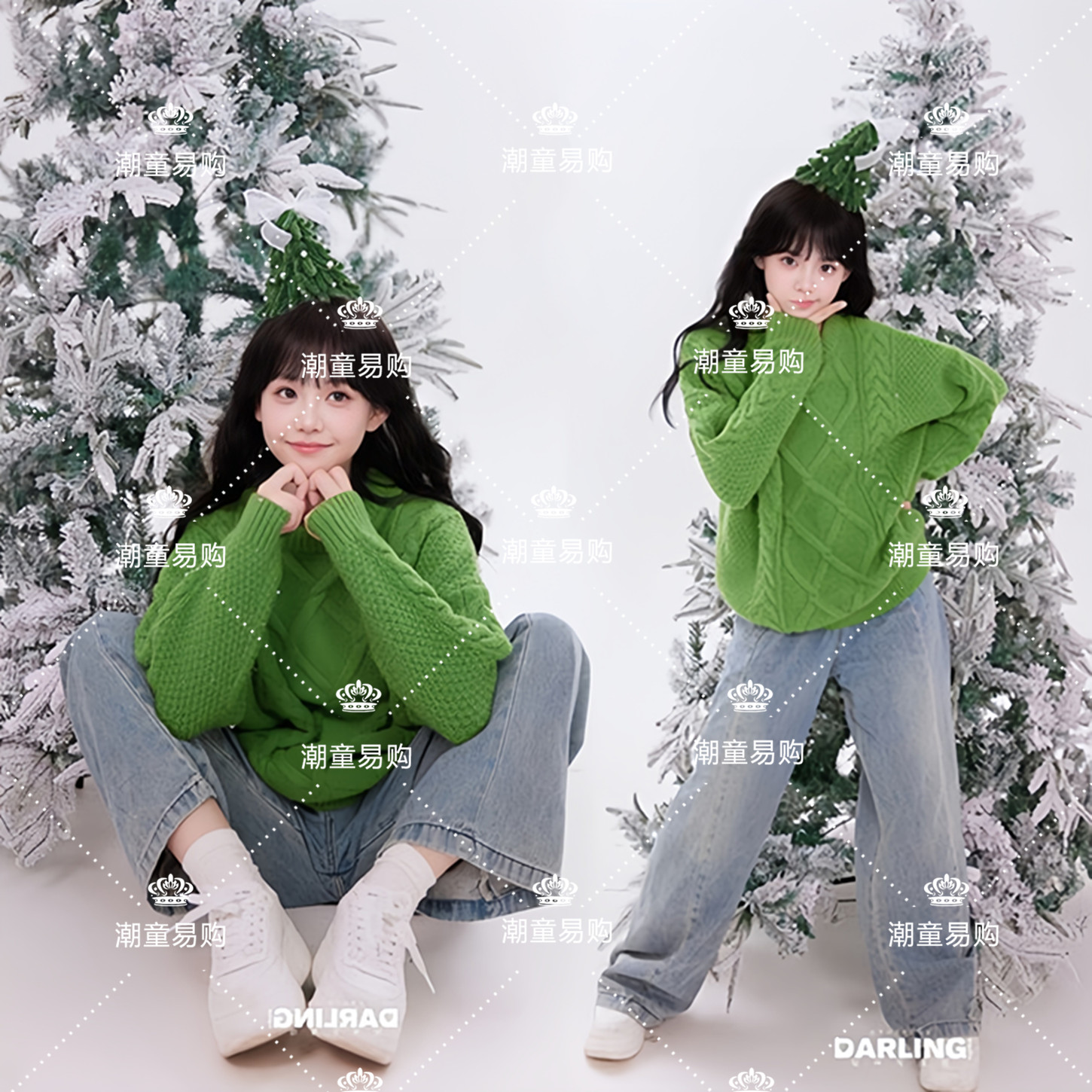 女童模特走秀圣诞主题绿色毛衣摄影写真舞台个性表演出服儿童大赛