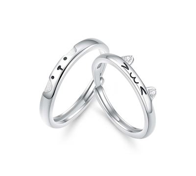 999足银CAREBEARS猫狗情侣一对戒指素圈开口高级感小众情人节礼物