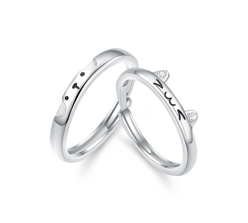 999足银CAREBEARS猫狗情侣一对戒指素圈开口高级感小众情人节礼物