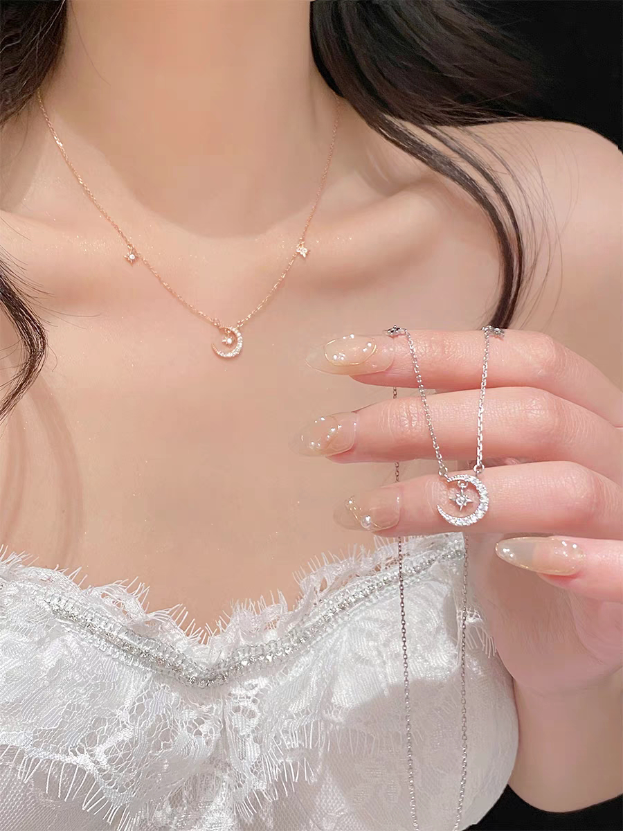 999纯银轻奢项链女高级小众设计星星月亮锁骨链闺蜜生日礼物