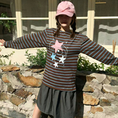 打底上衣 可爱设计感百搭长袖 涂鸦星星 原创条纹T恤2026早春新款