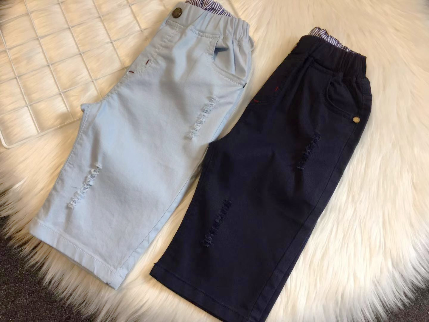 夏季童装儿童纯棉破洞修身白搭纯棉中裤男童松紧腰带休闲裤