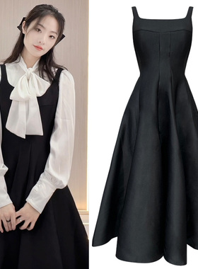 黑色连衣裙女吊带裙收腰过膝气质显瘦长裙春夏款高级感大裙摆裙子