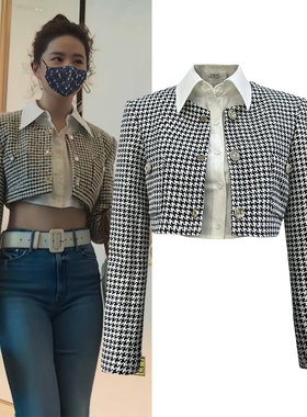 格子外套女短款玫瑰故事黄亦玫明星同款高级感纽扣长袖小香风外衣