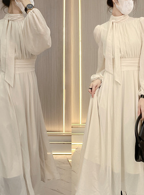 连衣裙女收腰荷叶边高领长裙甜美仙女气质显瘦大裙摆长袖裙子