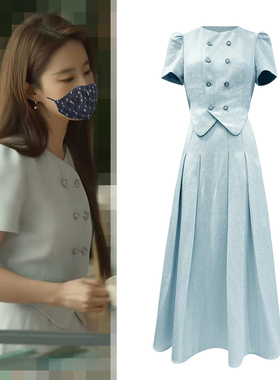 小香风短袖西服上衣加半身裙两件套玫瑰故事黄亦玫同款西装长裙