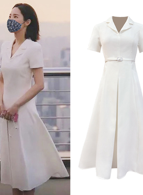 白色翻领西装裙连衣裙女通勤气质收腰A字裙短袖裙子带腰带中长款