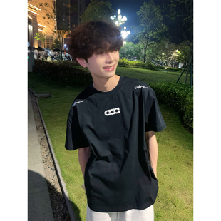 美式 T恤男女夏季 新款 圆领宽松纯棉情侣上衣 高街字母刺绣黑色短袖