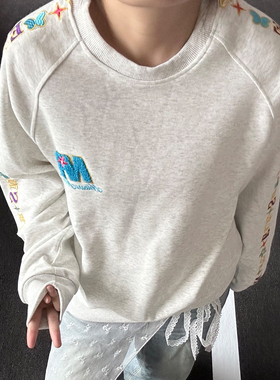 新款美式高街插肩刺绣圆领长袖卫衣男女秋冬加绒加厚国潮情侣帽衫