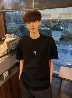 2026新款美式黑色北极星刺绣短袖T恤男夏季重磅半袖潮牌同款上衣