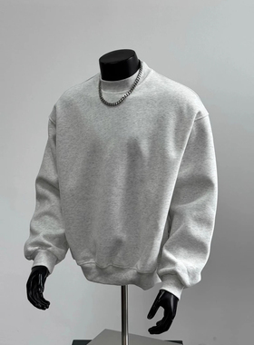 2025新款美式重磅灰色小领口圆领卫衣男宽松百搭重磅情侣长袖上衣