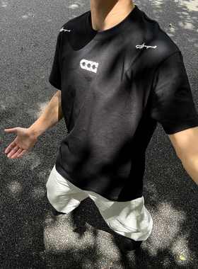 新款美式重磅双纱字母刺绣夏季短袖T恤男女百搭圆领纯棉情侣上衣