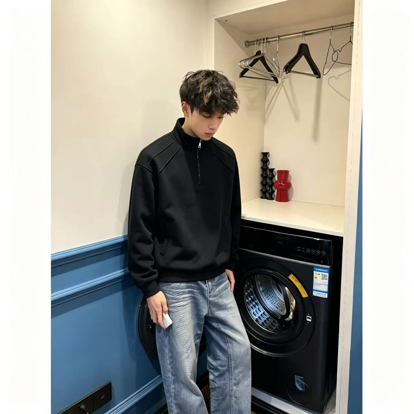 美式重磅加绒翻领半拉链卫衣男款